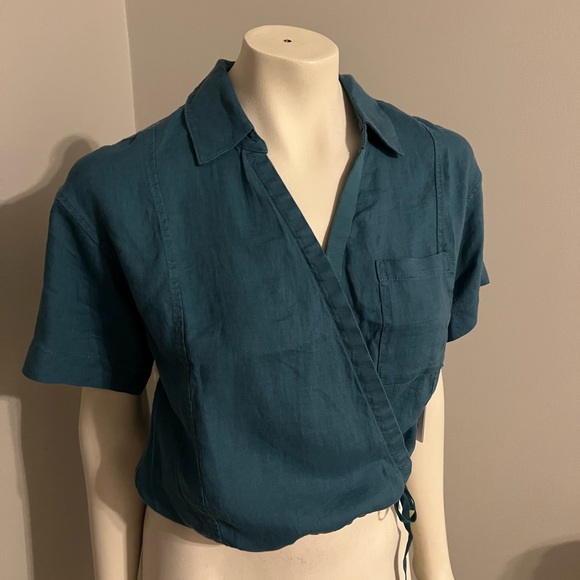 Athleta Short Sleeve Wrap Tie Boho Pocket Collar Linen Blue NWT Crop Top - Picture 3 of 6